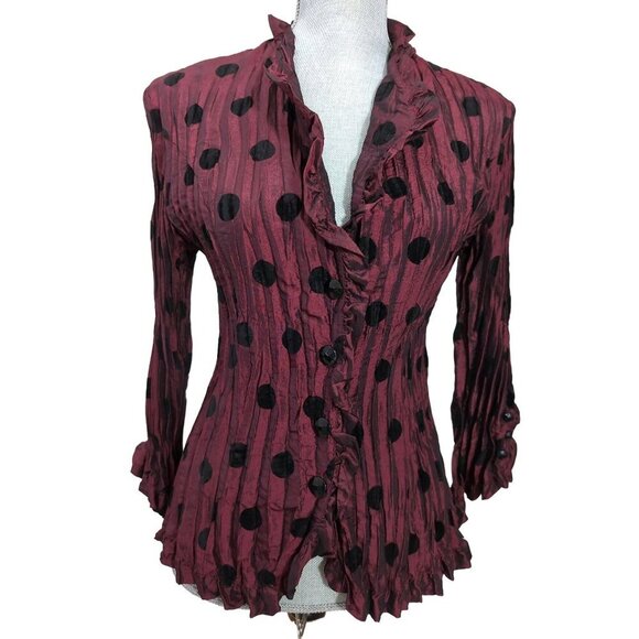 Piano Crinkle Button Up Shirt Womens M Burgundy Black Polkadot Party Whimsical - Picture 1 of 9